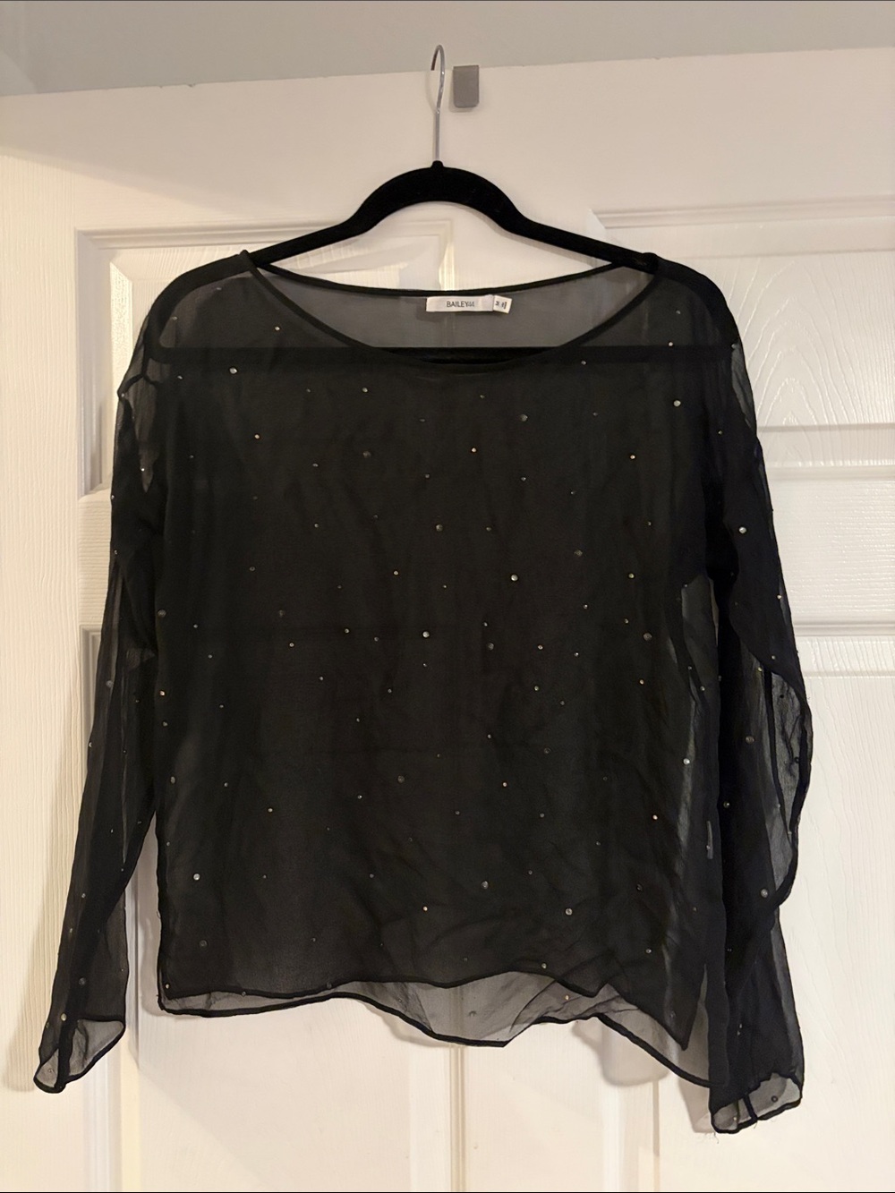 Bailey 44 Black Sheer Rhinestone-Studded Long-Sleeve Blouse